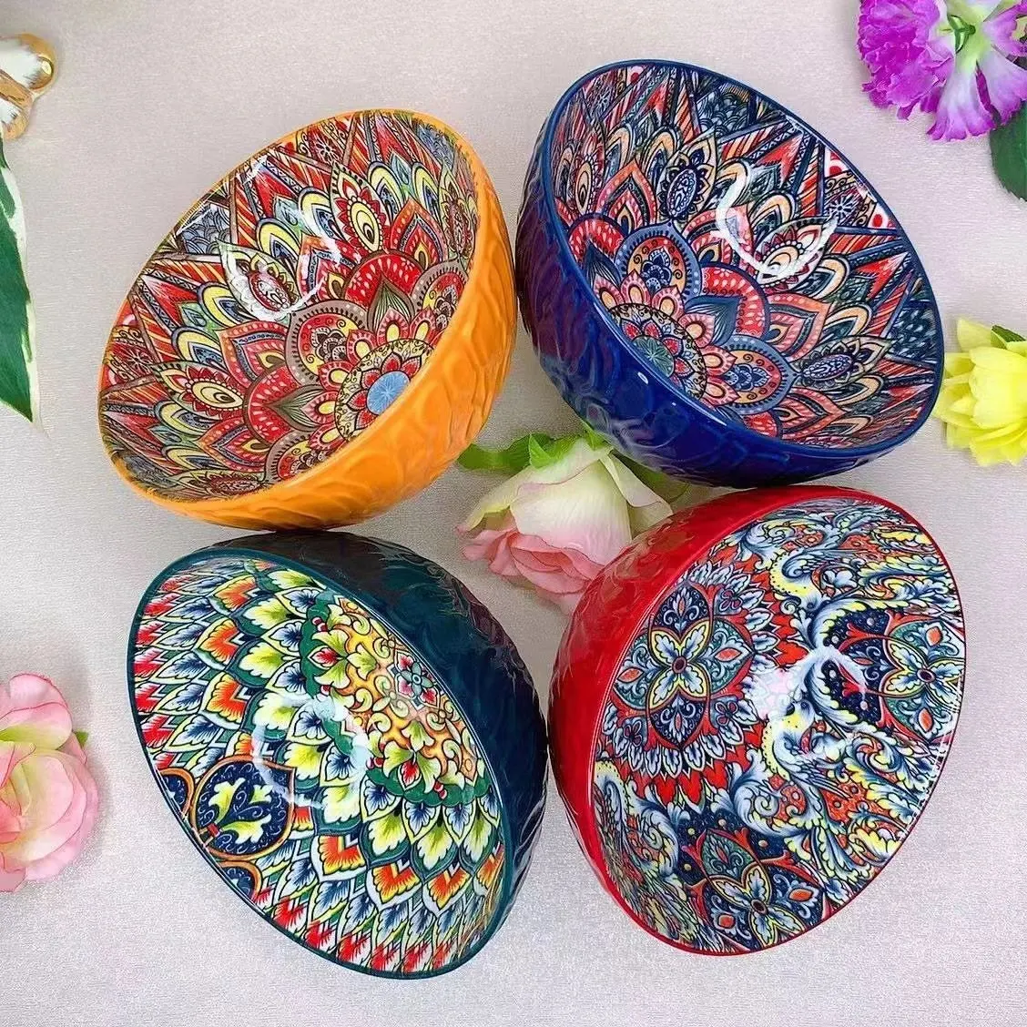 Bohemian Ceramic Bowls Set Floral Serving Bowls Versatile - Image 14