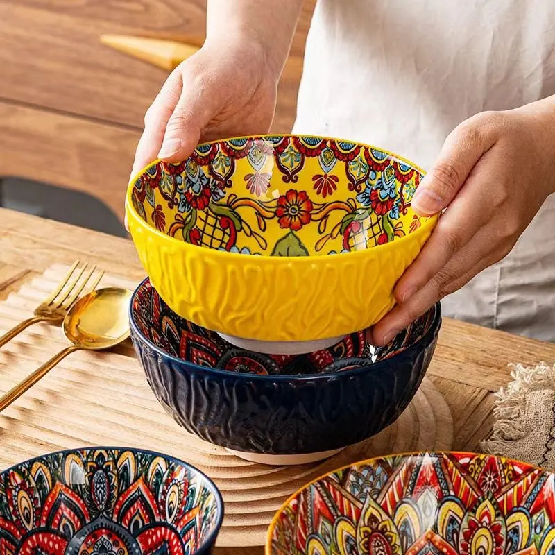 Bohemian Ceramic Bowls Set Floral Serving Bowls Versatile - Image 4