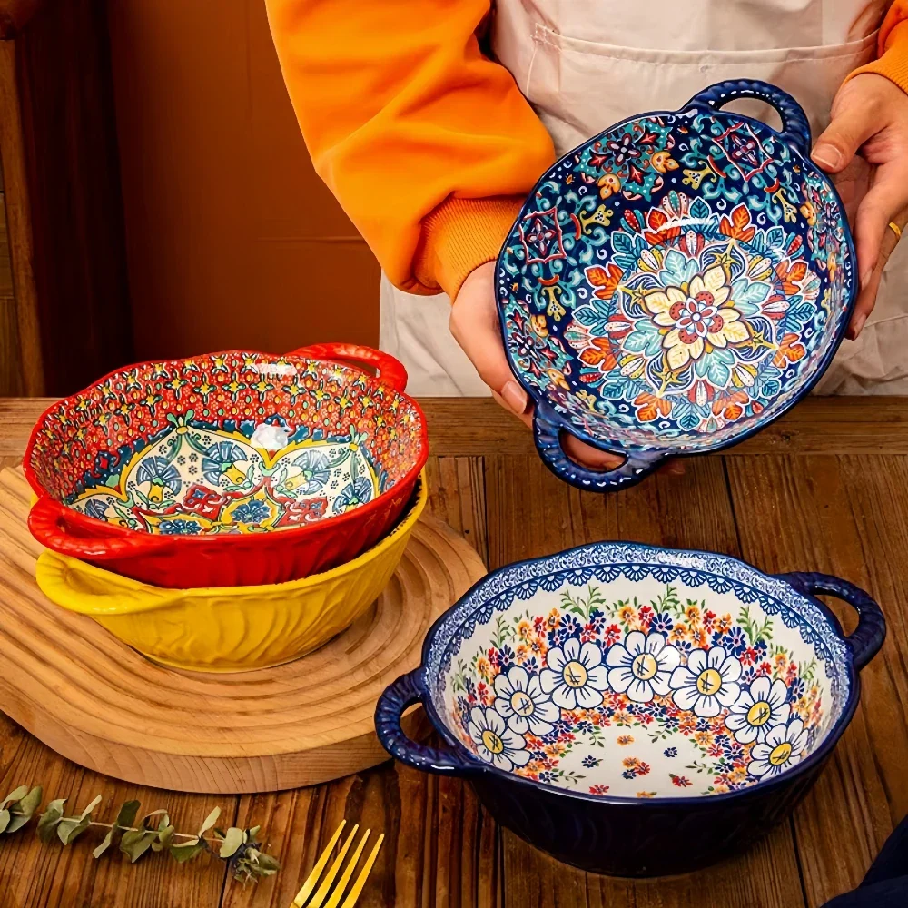 Ceramic Soup Bowl Bohemian Handle Embossed Microwave