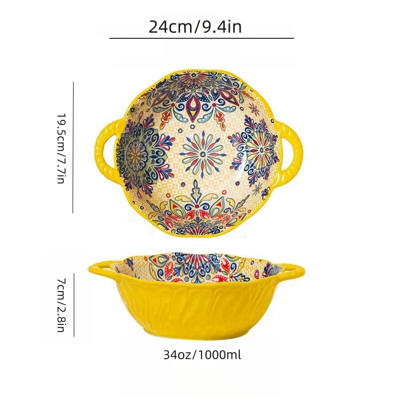 Ceramic Soup Bowl Bohemian Handle Embossed Microwave - Image 10