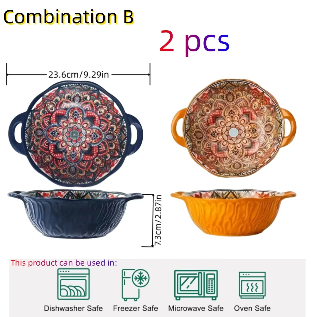 Ceramic Soup Bowl Bohemian Handle Embossed Microwave - Image 14