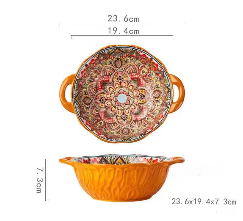 Ceramic Soup Bowl Bohemian Handle Embossed Microwave - Image 20