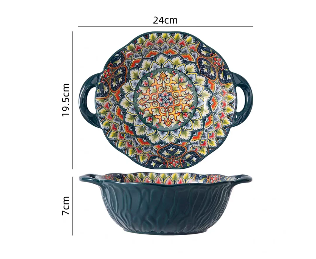 Ceramic Soup Bowl Bohemian Handle Embossed Microwave - Image 21