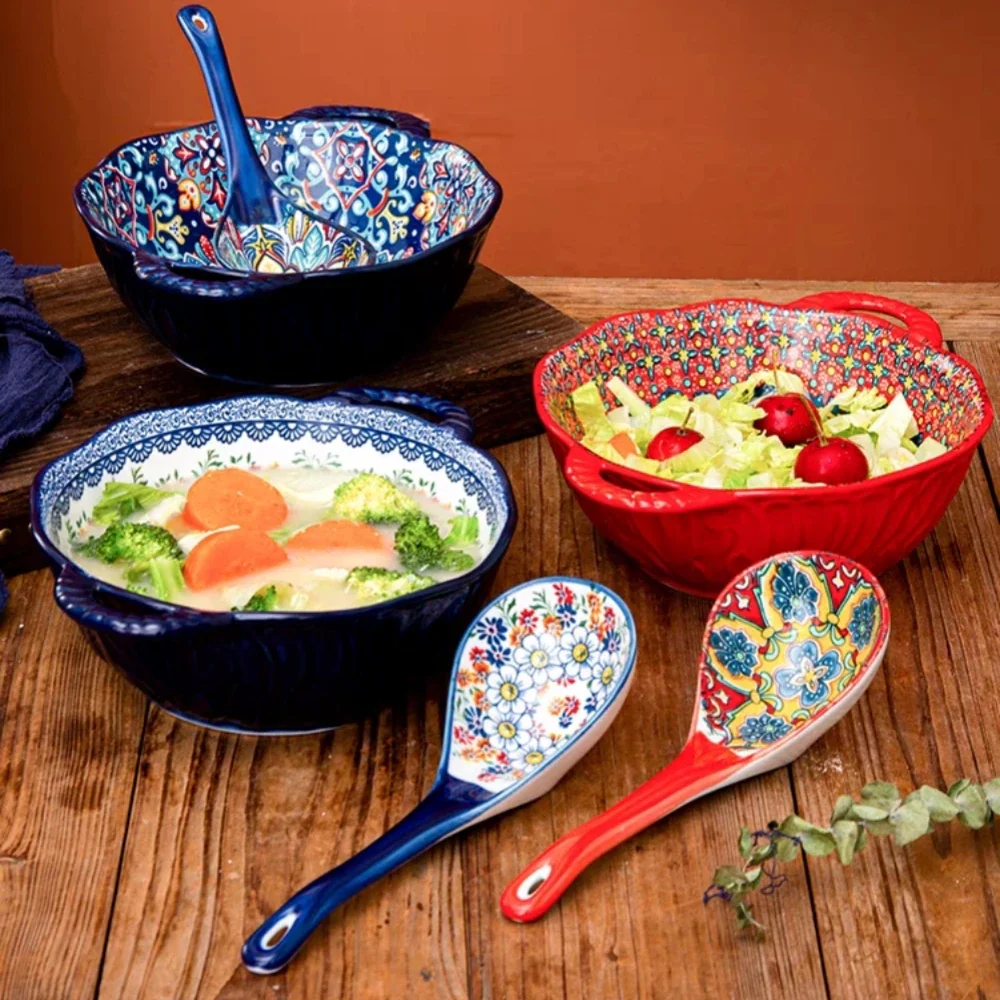 Ceramic Soup Bowl Bohemian Handle Embossed Microwave - Image 4