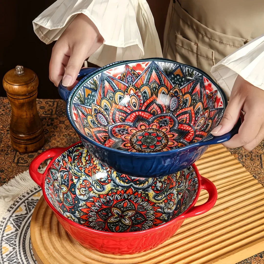 Ceramic Soup Bowl Bohemian Handle Embossed Microwave - Image 6