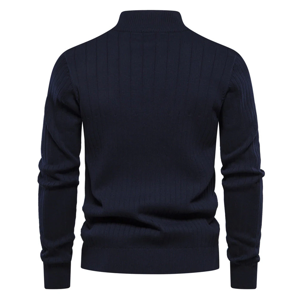 Breathable Men's Half Zip Sweater - Ribbed Cotton, Autumn - Image 3