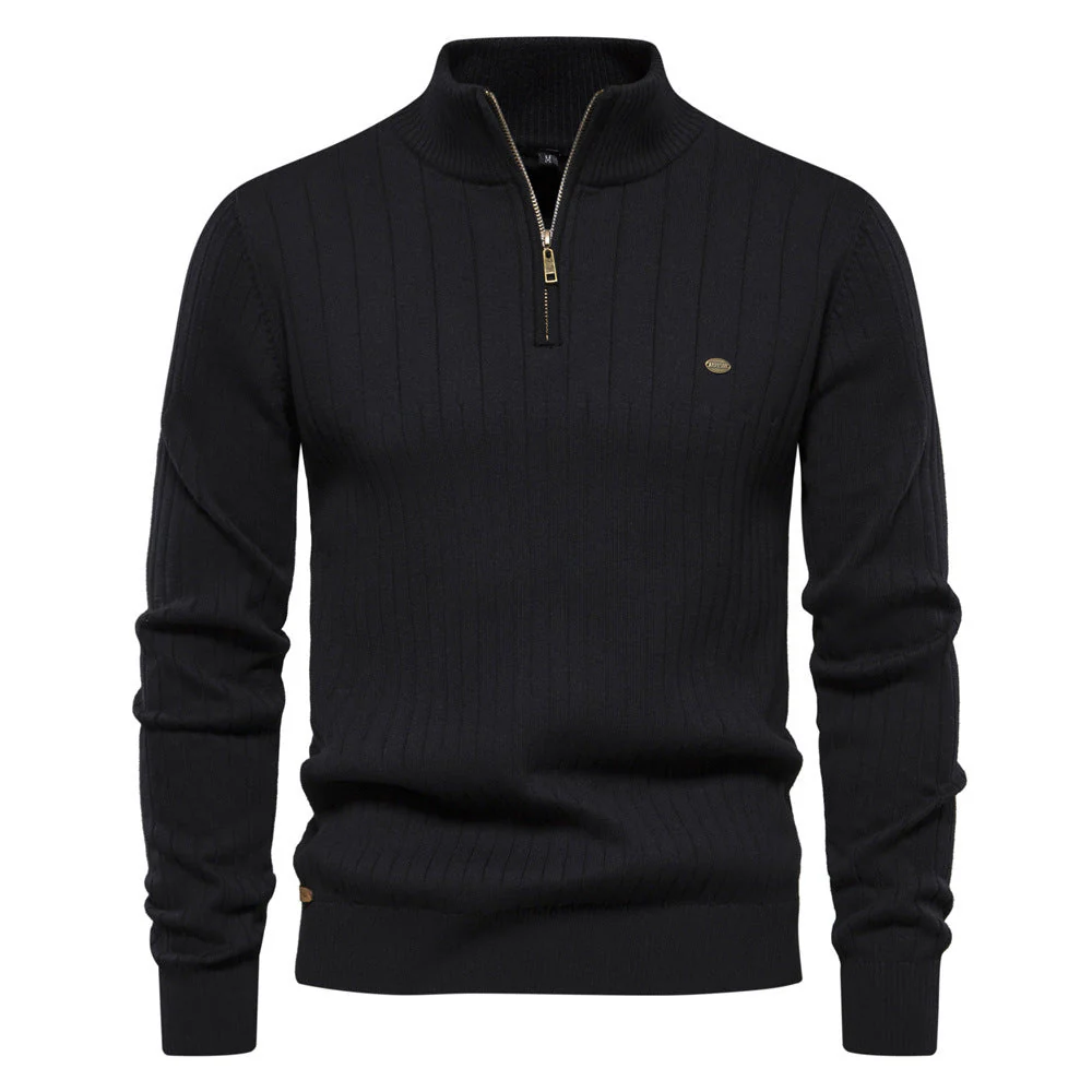 Breathable Men's Half Zip Sweater - Ribbed Cotton, Autumn - Image 6
