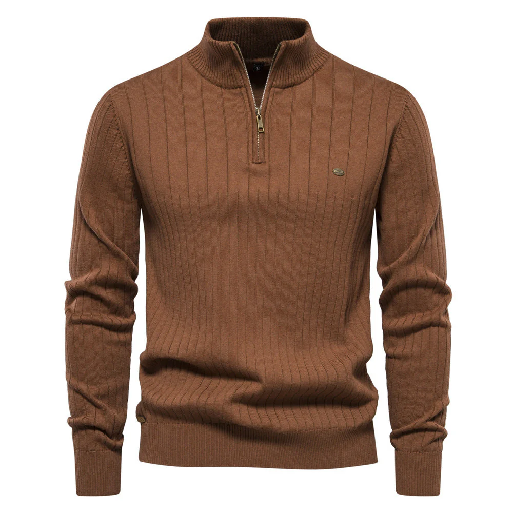 Breathable Men's Half Zip Sweater - Ribbed Cotton, Autumn - Image 7