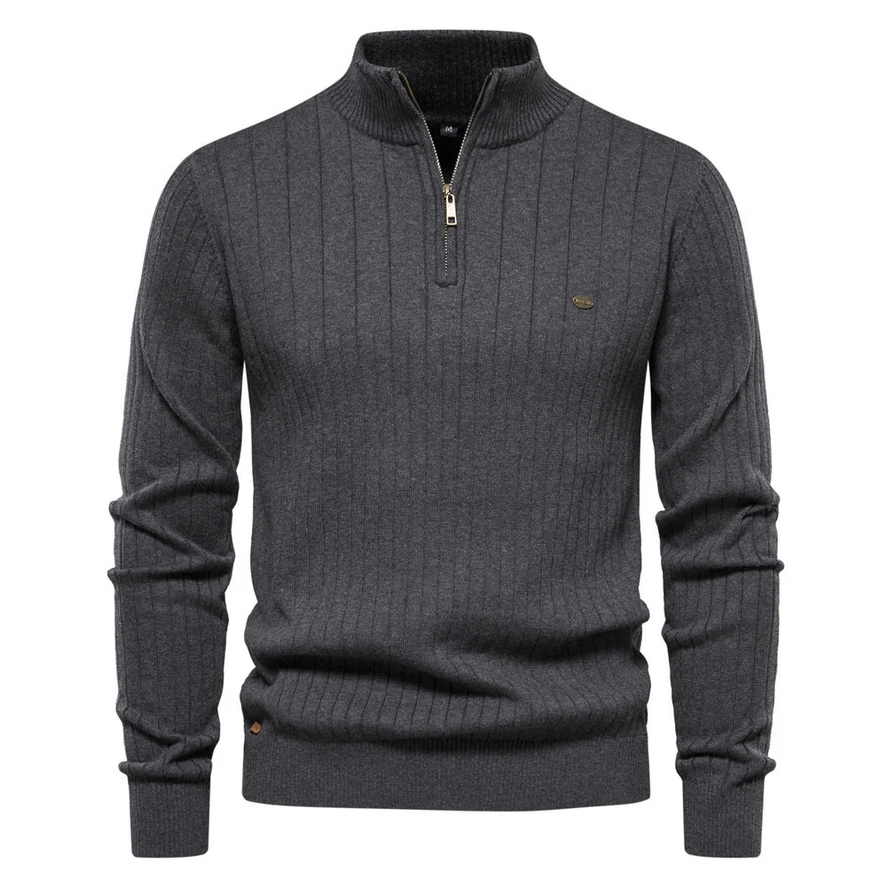 Breathable Men's Half Zip Sweater - Ribbed Cotton, Autumn - Image 8