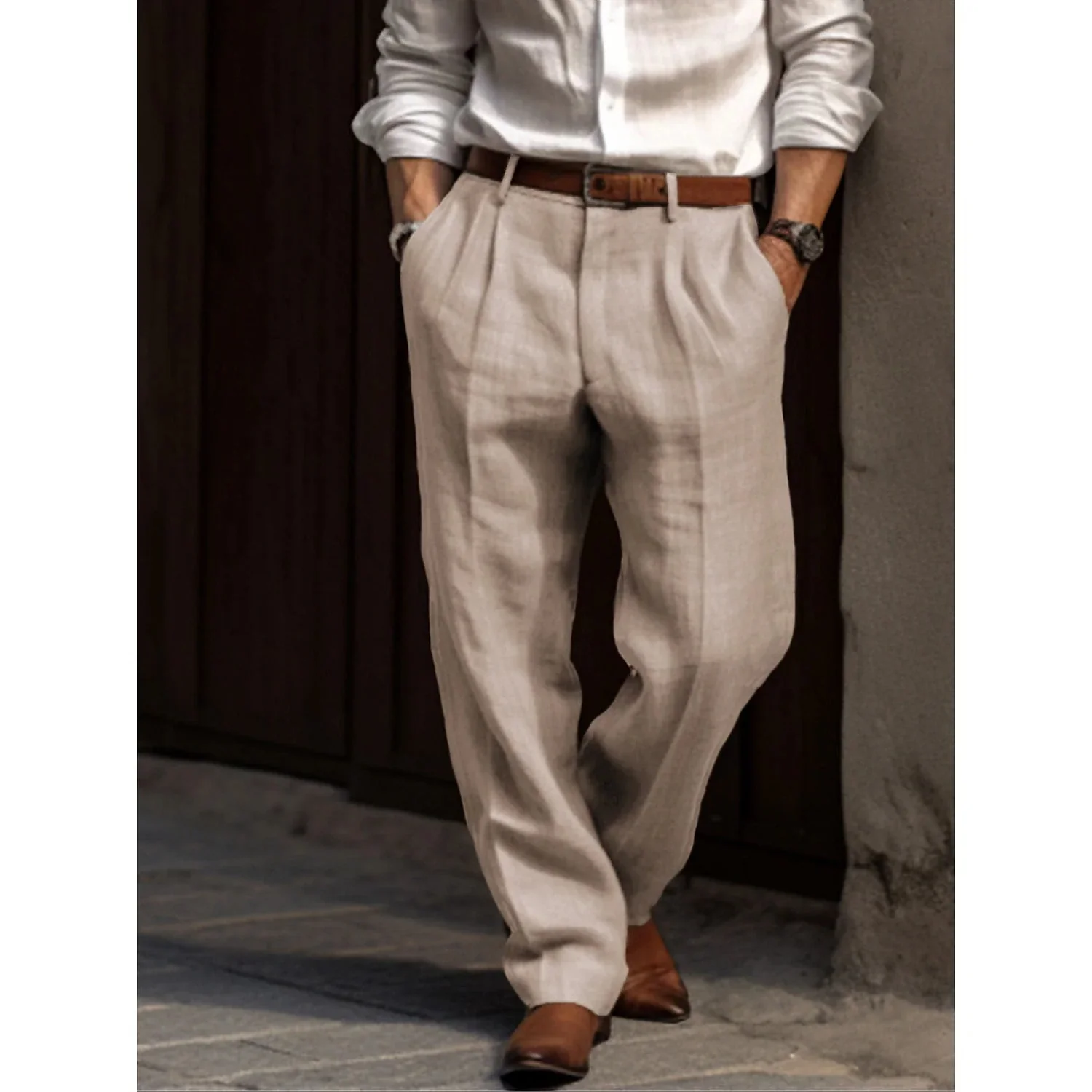 Breathable men's pleated linen trousers – classic design, linen-cotton blend, for casual and formal occasions