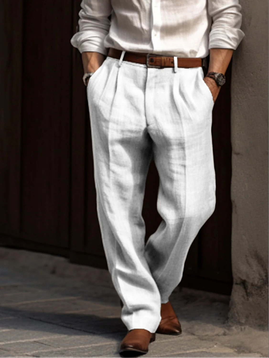 Breathable men's pleated linen trousers – classic design, linen-cotton blend, for casual and formal occasions - Image 3