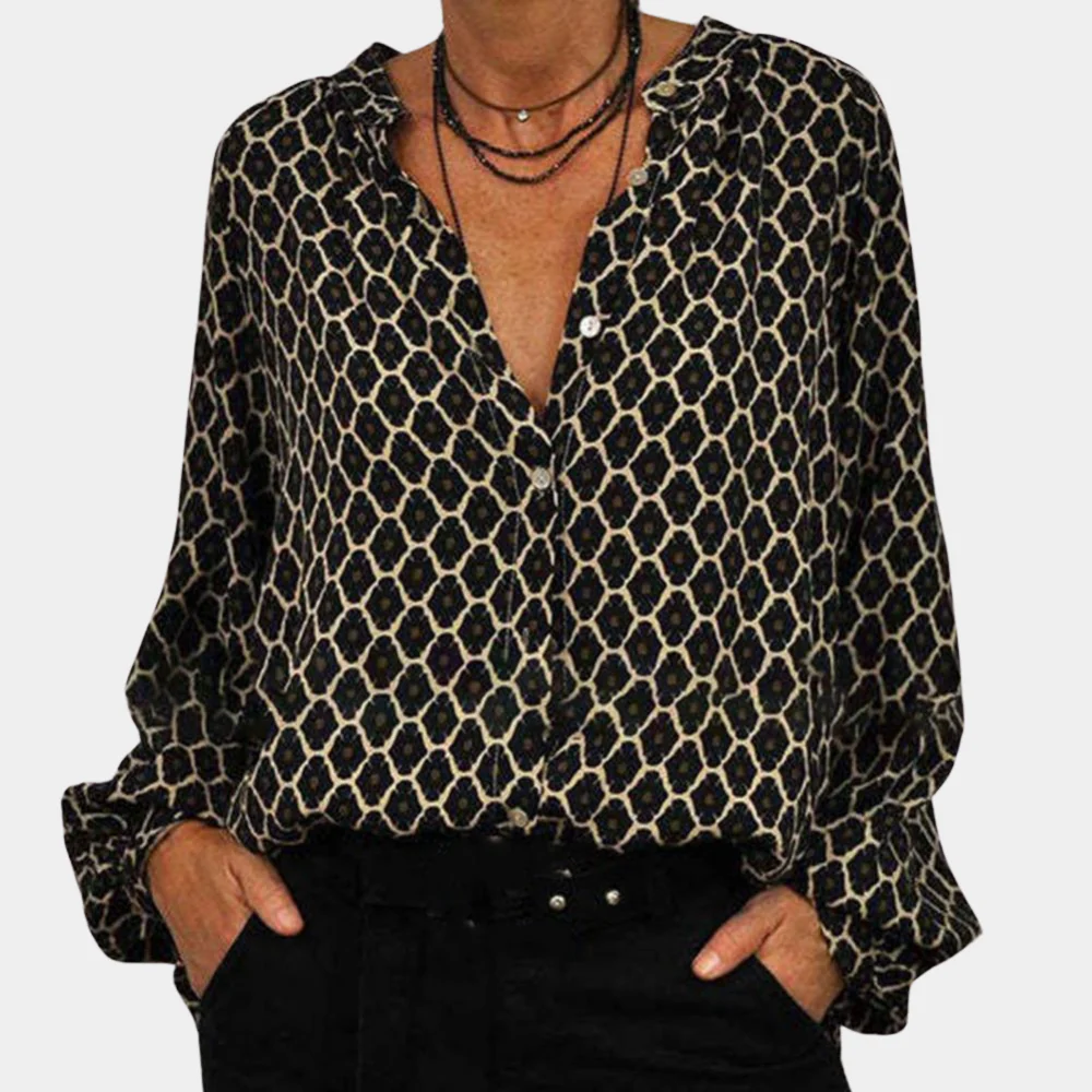 Breathable women's blouse – casual long sleeve V-neck, cotton blend, for summer outings