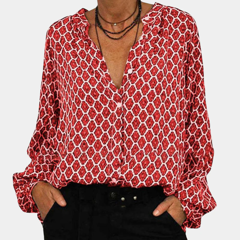 Breathable women's blouse – casual long sleeve V-neck, cotton blend, for summer outings - Image 2