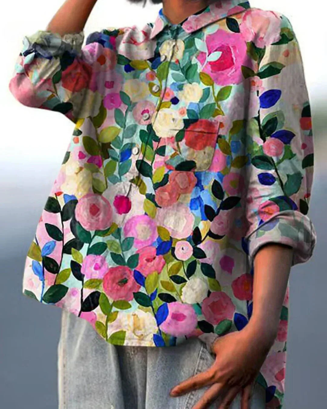 Breathable women's blouse – relaxed fit, cotton floral print, for casual outings and special occasions - Image 2