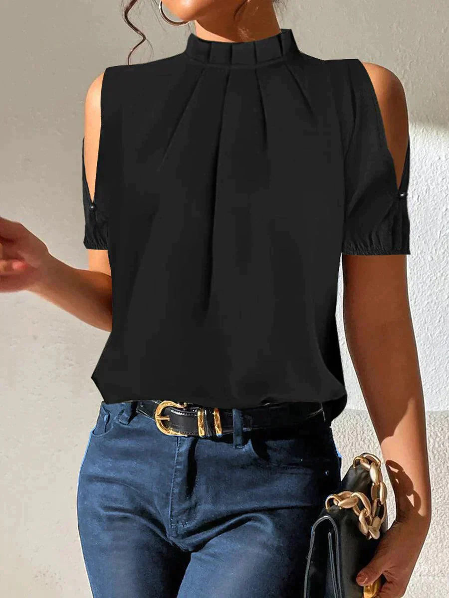 Breathable women's cold shoulder top – pleated collar design, soft material, for summer - Image 2