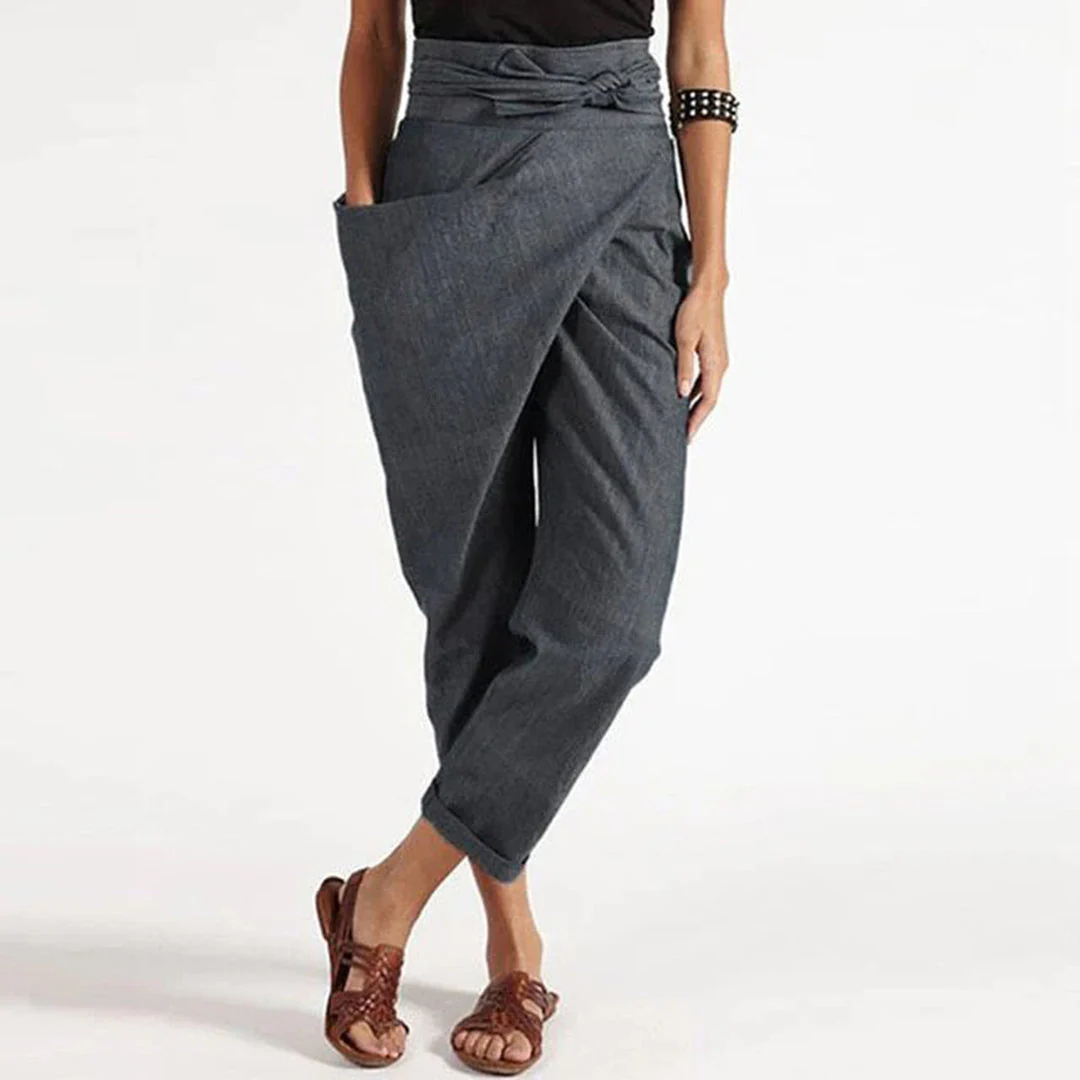 Breathable women's cropped pants – front knot design, polyester, for summer