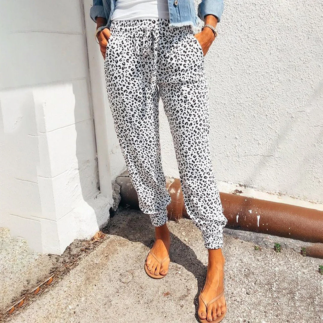 Breathable women’s jogger pants – unique leopard pattern, polyester, for casual activities