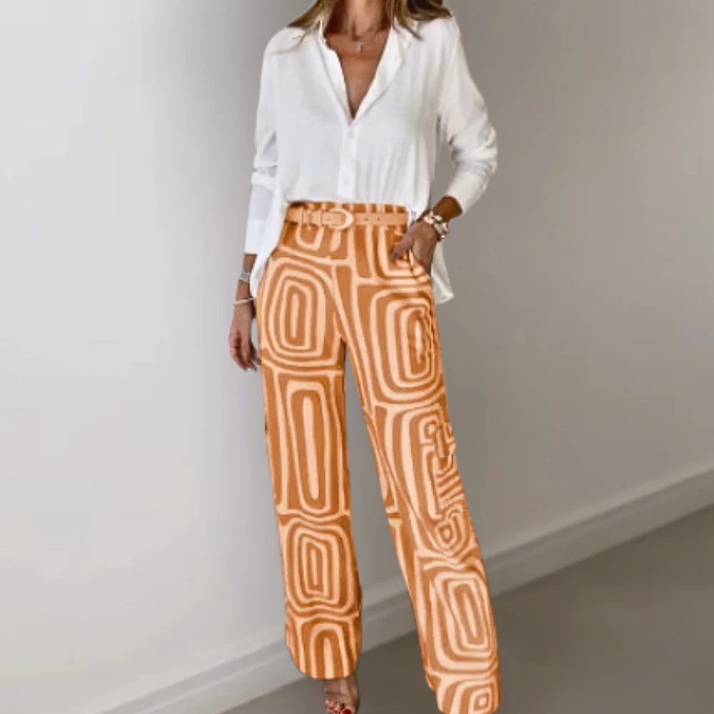 Breathable women's outfit set – elegant blouse and chic patterned trousers, lightweight, for office and casual wear - Image 5