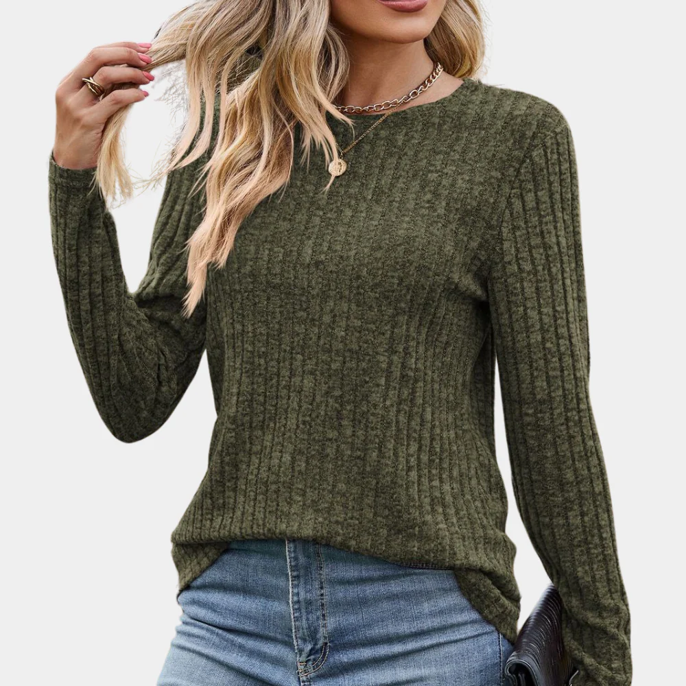 Breathable women’s ribbed long sleeve t-shirt – round neck, high-quality cotton, ideal for spring and summer - Image 2