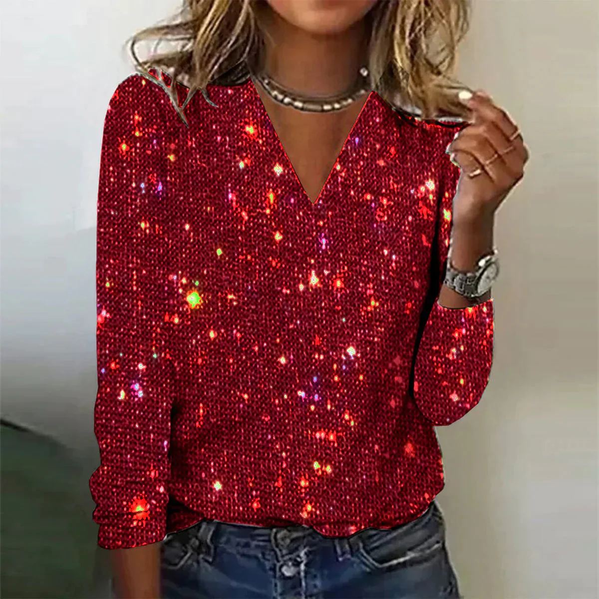 Breathable women's sequin sweater – V-neck, for festive occasions - Image 2
