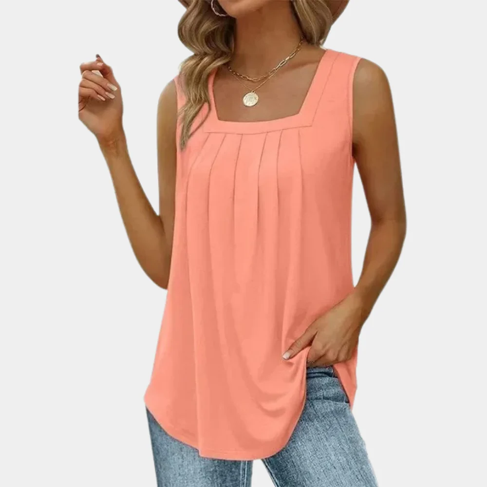 Breathable women's sleeveless blouse – gathered square neckline, cotton-polyester blend, for office and casual wear - Image 4