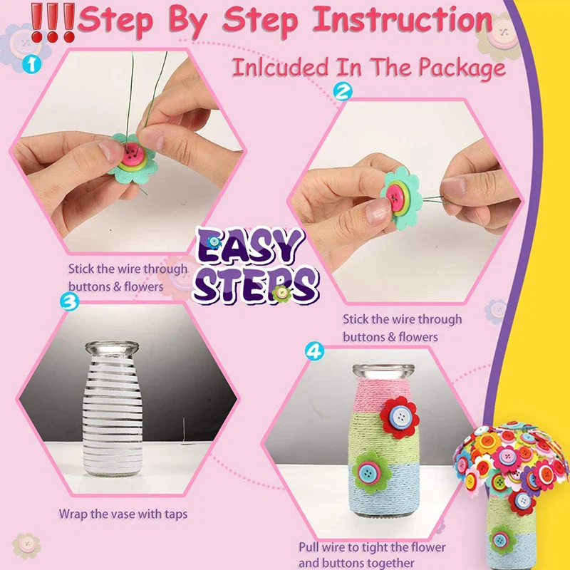 Button & Felt Flower Bouquet Craft Kit - DIY Vase Art Project for Kids, Creative Activity Gift for Boys & Girls - Image 3