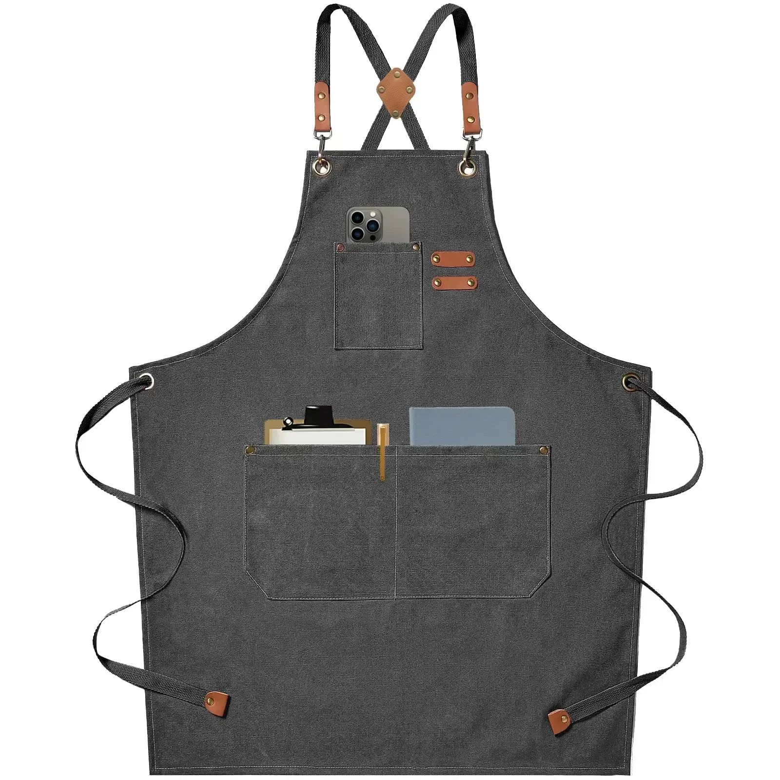 Canvas Apron Adjustable Crossback Work Apron For Kitchen Chef Restaurant Cafe Fall 2025 Durable Pockets