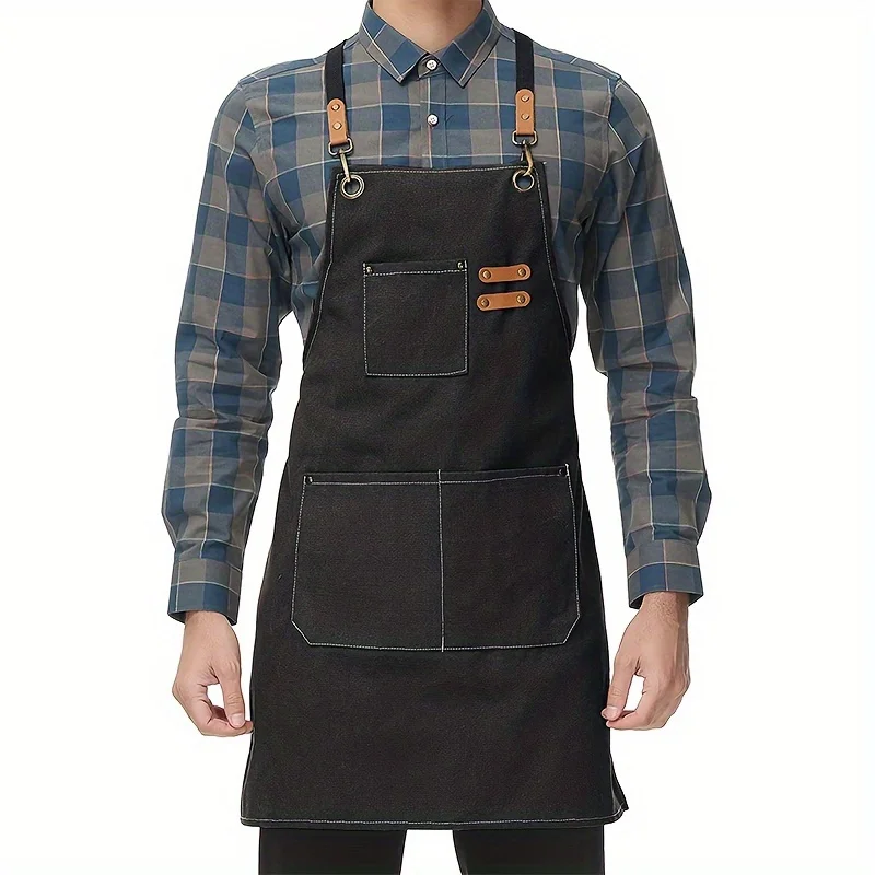 Canvas Apron Oil Proof Wipeable Kitchen Workshop Apron With Tool Pockets Adjustable Leather Straps Fall 2025 Gift - Image 2