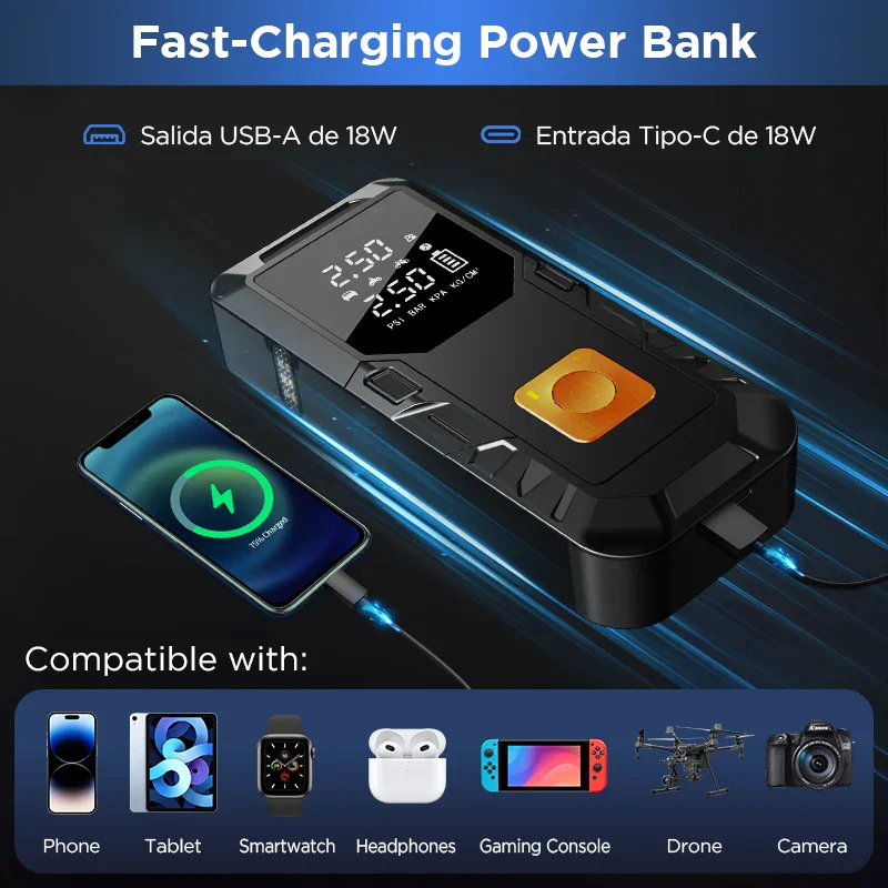 Car Jump Starter 4-In-1 Portable Power Bank Air Compressor Fast-Charging 12V Emergency Starter Fall 2025 Gift - Image 4