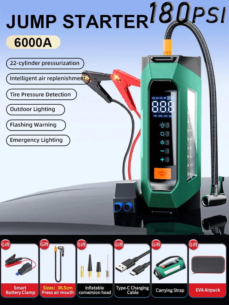 Car Jump Starter Portable Power Bank 12V With Air Compressor 6000A Peak Emergency Start 180 PSI Fall 2025 - Image 10