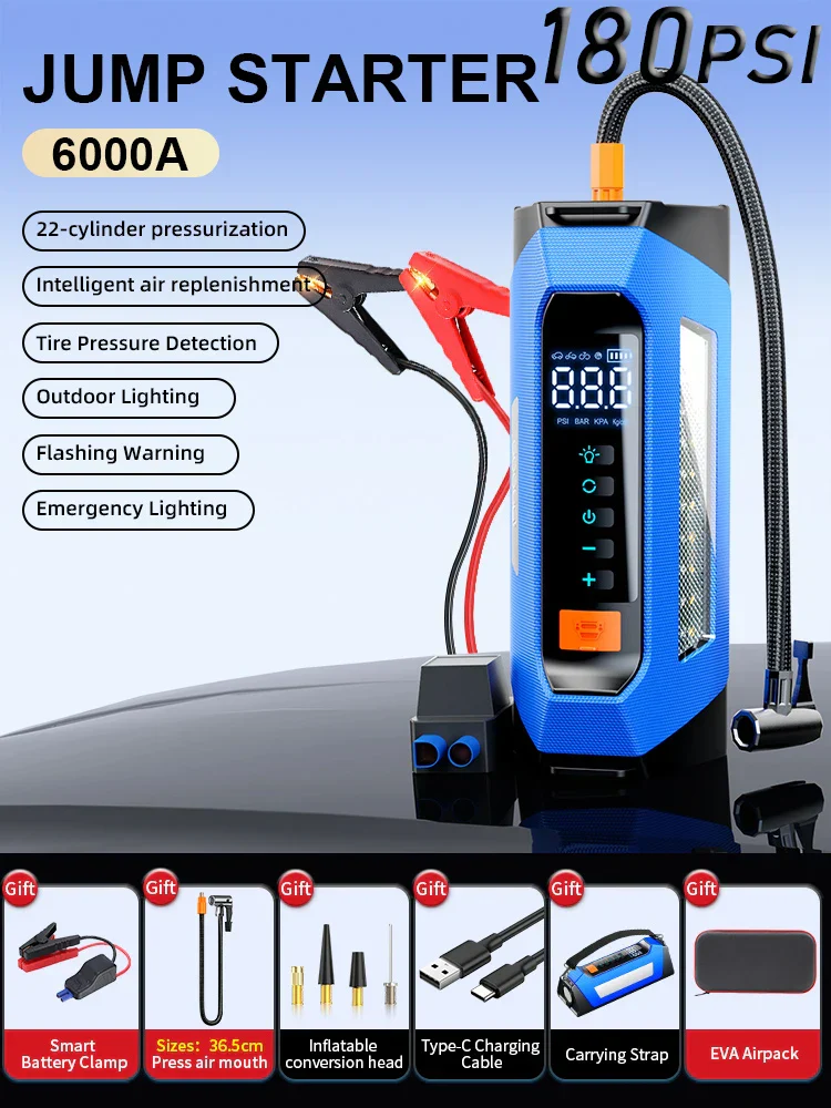 Car Jump Starter Portable Power Bank 12V With Air Compressor 6000A Peak Emergency Start 180 PSI Fall 2025 - Image 7