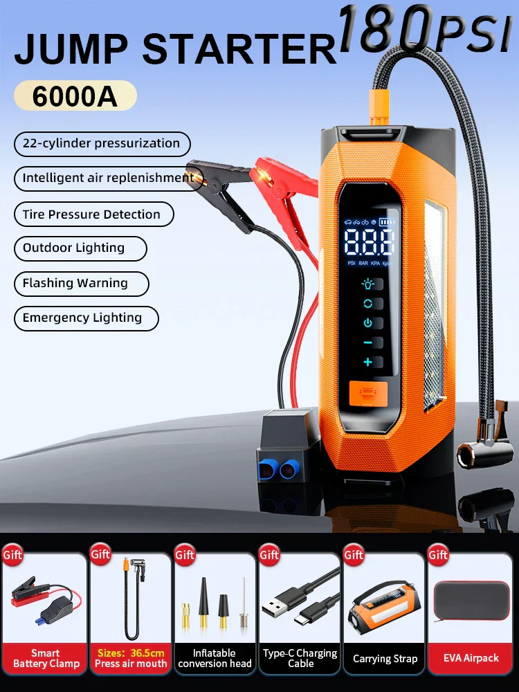Car Jump Starter Portable Power Bank 12V With Air Compressor 6000A Peak Emergency Start 180 PSI Fall 2025 - Image 8
