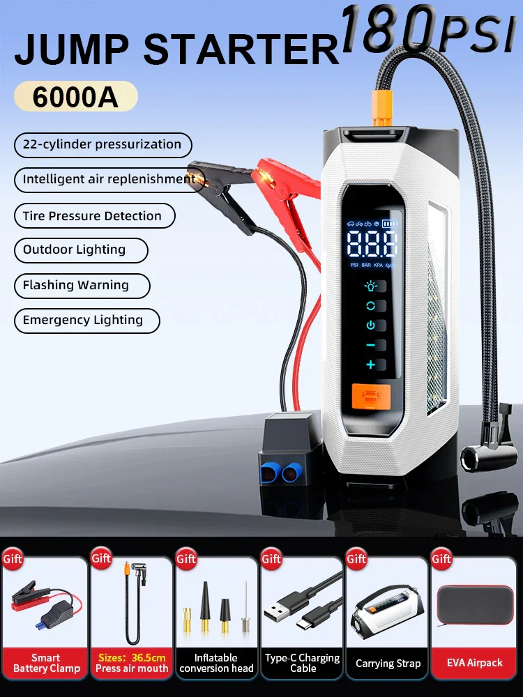 Car Jump Starter Portable Power Bank 12V With Air Compressor 6000A Peak Emergency Start 180 PSI Fall 2025 - Image 9