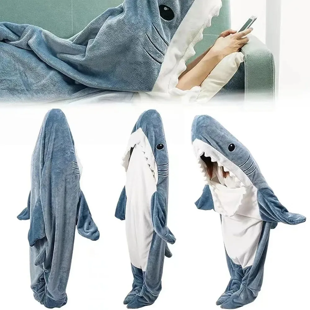 Cartoon Shark Flannel Sleeping Bag Pajamas - Hooded Cozy Animal Nightgown for Kids - Image 3