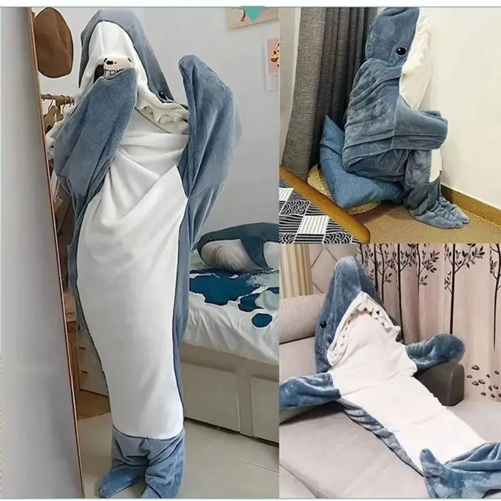 Cartoon Shark Flannel Sleeping Bag Pajamas - Hooded Cozy Animal Nightgown for Kids - Image 7