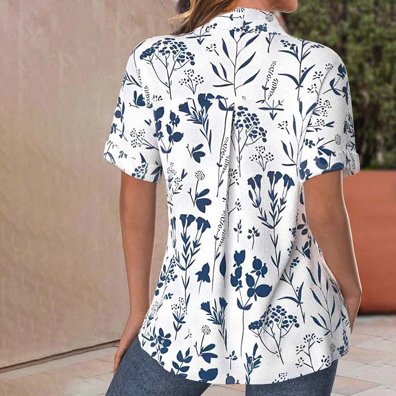Casual Leaf Print Womens Blouse, Short Sleeves Cotton-Polyester Blend Summer Top for Spring and Summer Wear - Image 2