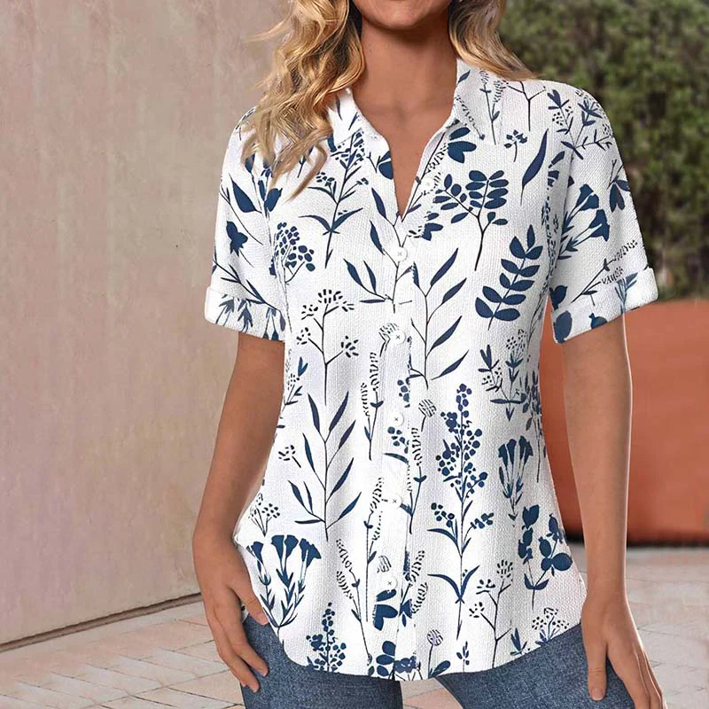 Casual Leaf Print Womens Blouse, Short Sleeves Cotton-Polyester Blend Summer Top for Spring and Summer Wear - Image 3