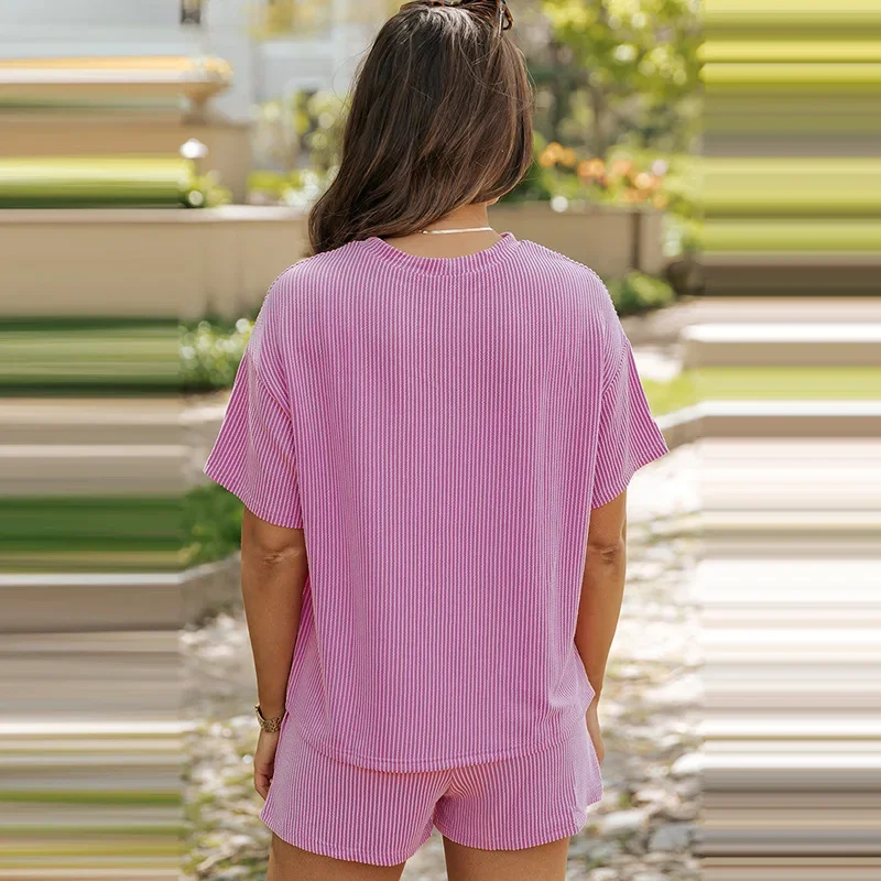 Casual Women's Outfit with Short-Sleeved Top and High Waist Shorts Set for Summer Wear - Image 3