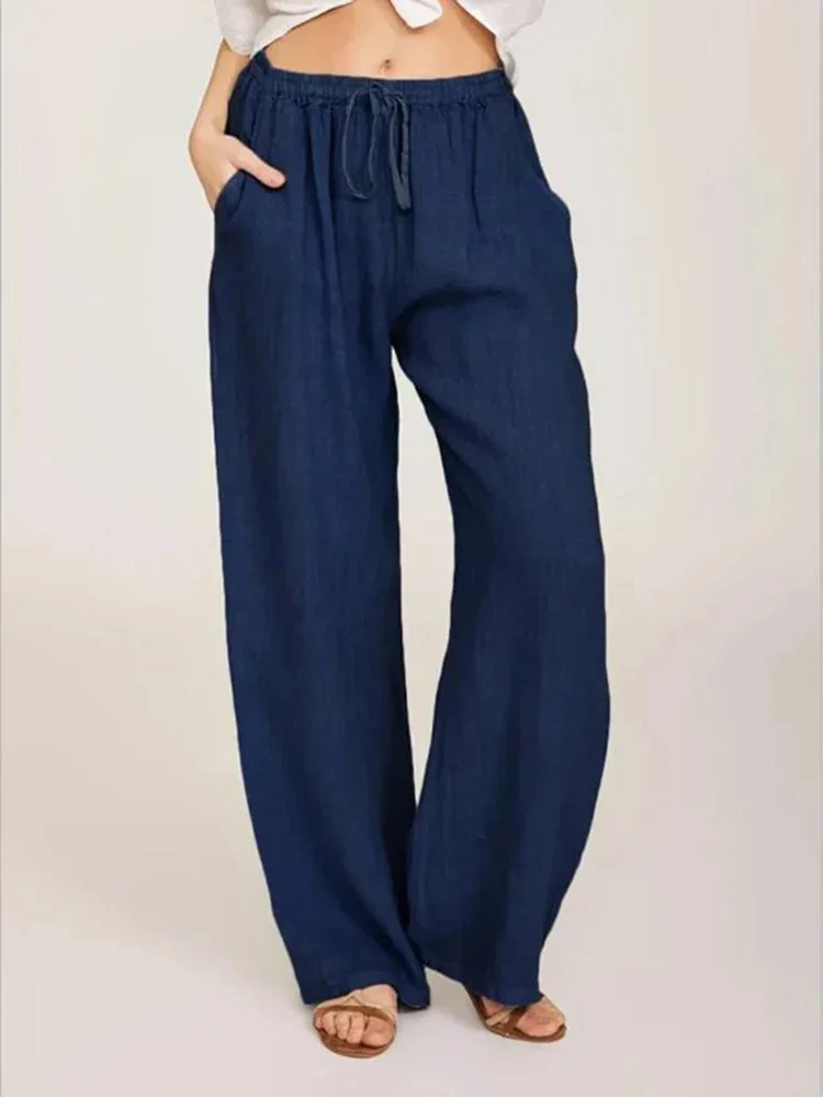 Casual Women's Wide Leg Pants, Loose-Fit Cotton Trousers with Drawstring Waist and Pockets, Lightweight Summer Style - Image 11