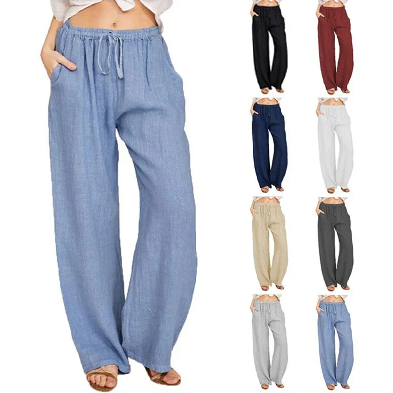 Casual Women's Wide Leg Pants, Loose-Fit Cotton Trousers with Drawstring Waist and Pockets, Lightweight Summer Style - Image 2