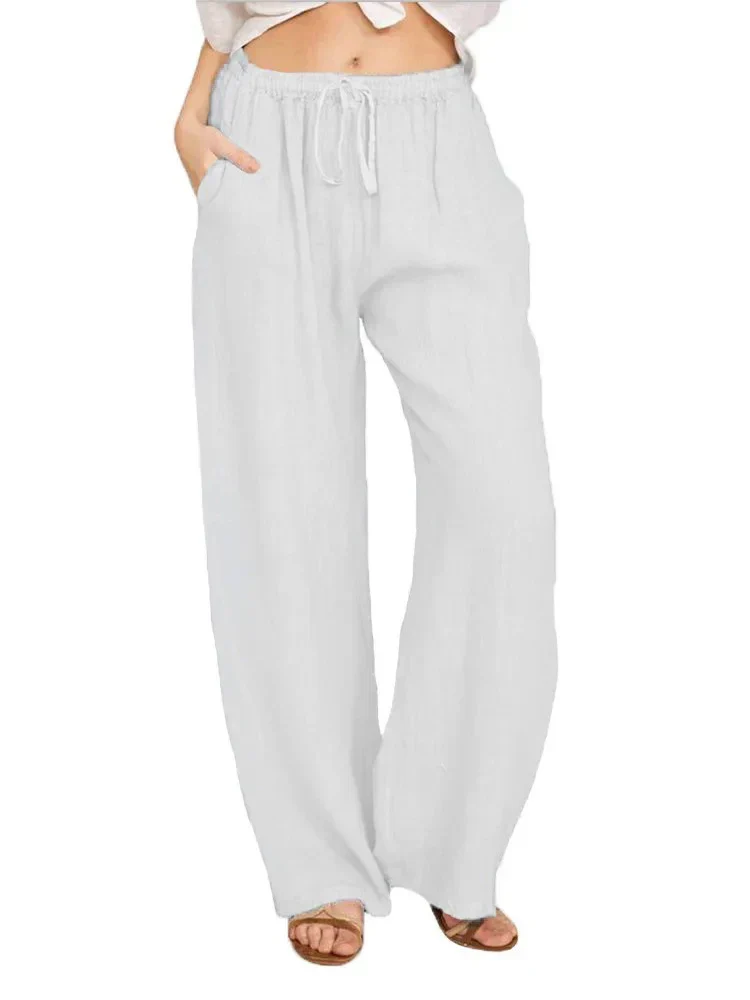 Casual Women's Wide Leg Pants, Loose-Fit Cotton Trousers with Drawstring Waist and Pockets, Lightweight Summer Style - Image 8
