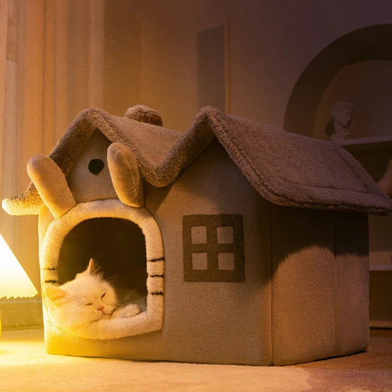 Cat Bed Foldable Cave House Plush Kennel Winter 2025 Cozy Washable Hideaway For Small Dogs And Cats - Image 3