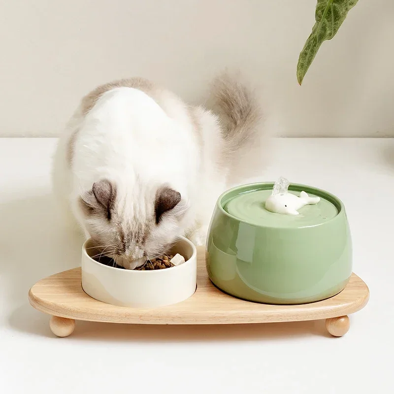 Cat Water Fountain 1300ml Ceramic USB Charging Pet Fountain With Filter And Wooden Stand Fall 2025 Continuous Hydration - Image 2