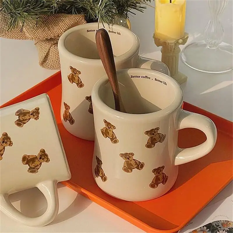 Ceramic Mug Cream Teddy Bear Print Coffee Cup With Handle Korean Cute Breakfast Mug Fall 2025 Cute Gift Easy Grip - Image 2