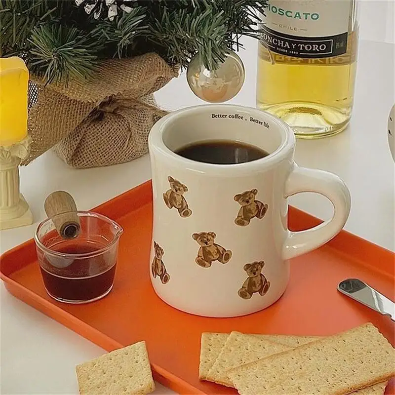 Ceramic Mug Cream Teddy Bear Print Coffee Cup With Handle Korean Cute Breakfast Mug Fall 2025 Cute Gift Easy Grip - Image 3