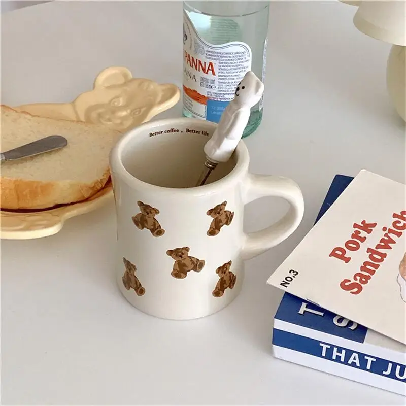 Ceramic Mug Cream Teddy Bear Print Coffee Cup With Handle Korean Cute Breakfast Mug Fall 2025 Cute Gift Easy Grip - Image 4
