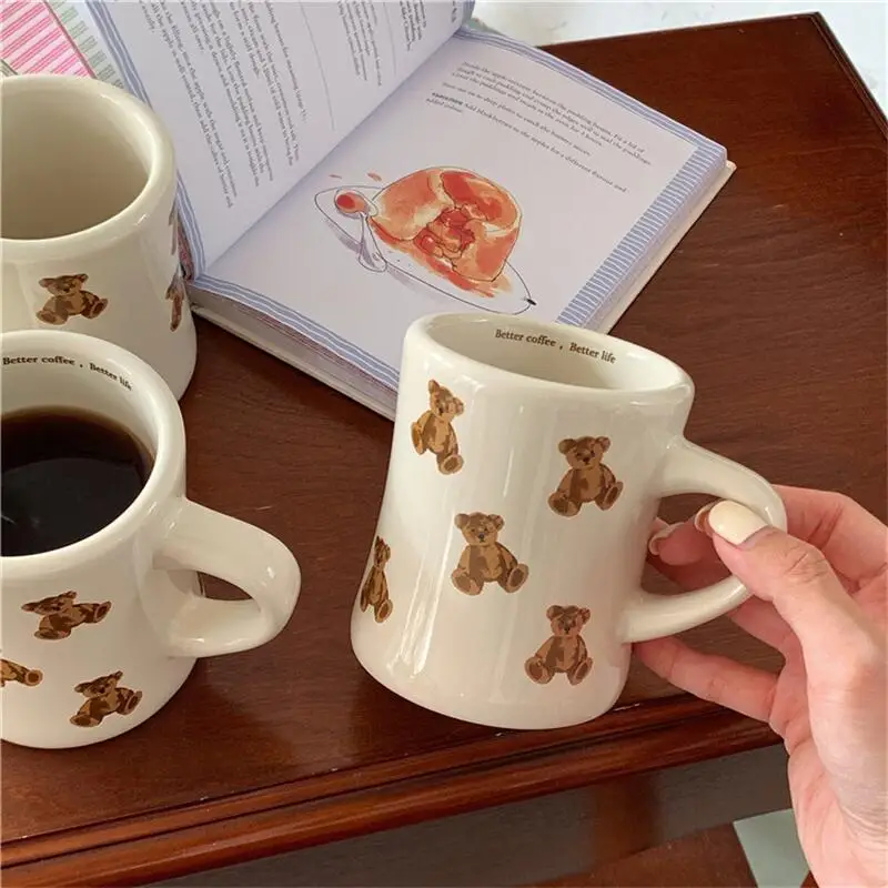 Ceramic Mug Cream Teddy Bear Print Coffee Cup With Handle Korean Cute Breakfast Mug Fall 2025 Cute Gift Easy Grip - Image 5