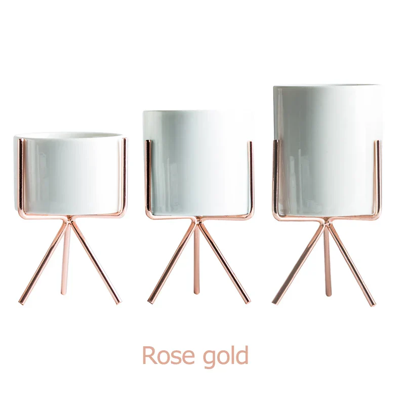 Ceramic Planters Set Of 3 With Gold Iron Stand Modern Desktop Succulent Planters Fall 2025 Stylish Gift - Image 10