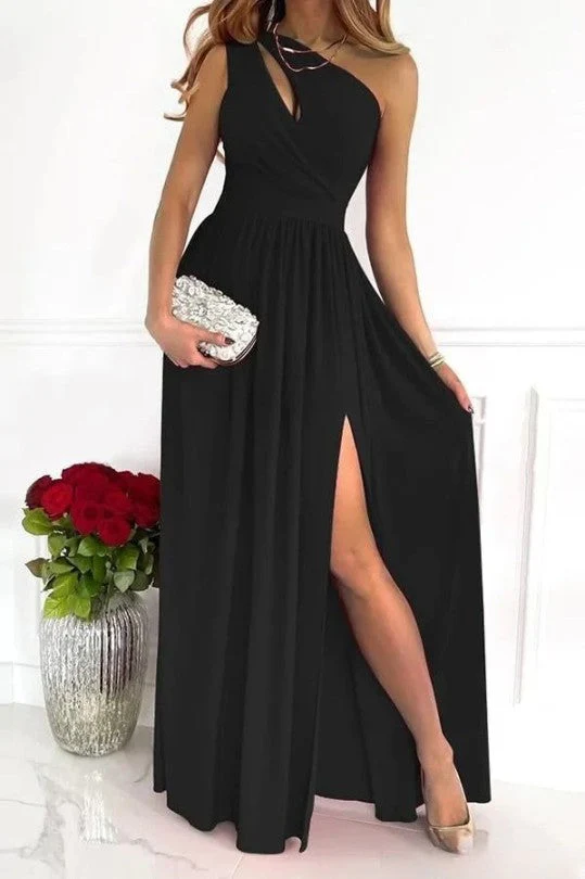 Chic One Shoulder Evening Dress, Elegant Black Formal Gown, Knee-Length Semi Formal Dress for Wedding Guests - Image 5