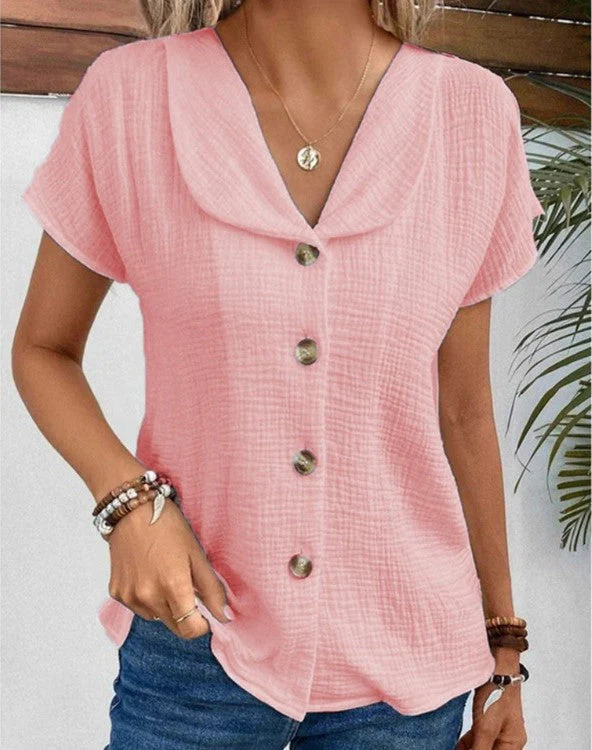Chic Women's Blouse, Relaxed Fit Summer Top with Button-Down Design and Short Sleeves, Breathable Fabric - Image 5